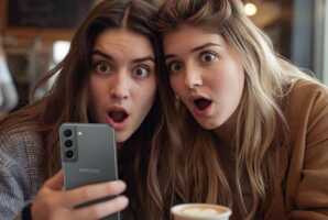 Deux femmes regardent un smartphone Samsung Galaxy A36 avec surprise.