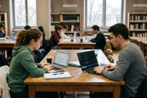 Deux étudiants assis face à face devant un ordinateur portable.