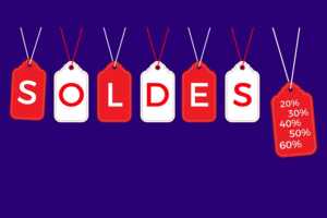 Mot soldes en rouge et blanc sur fond bleu, car promos sur smartphones chez Bouygues Telecom