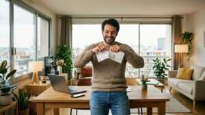 Homme déchire sa facture en souriant, car plus besoin de payer son forfait mobile 20€ avec les soldes de janvier