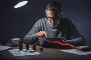 Homme devant PC, pièces empilées et flèche rouge vers le bas, calcule si le prix des forfaits mobile stagne ou non