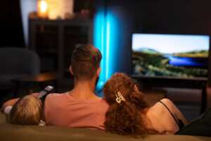 Famille dans canapé devant télévision, regarde 2 séries Netflix dans le Top 3 de la semaine