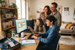 Une famille avec des adolescents utilise un ordinateur portable dans un salon.