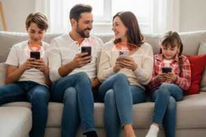 Famille de 4 sur canapé avec chacun un smartphone, car Free autorise désormais la gestion multiligne depuis son application