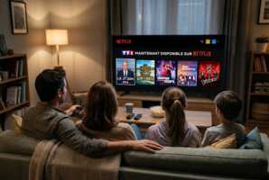 Famille regardant des programmes TF1 sur l'application Netflix affichés sur un téléviseur.
