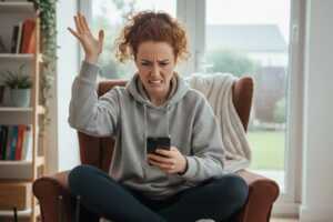 Femme dans son canapé avec smartphone, pas contente car elle capte mal