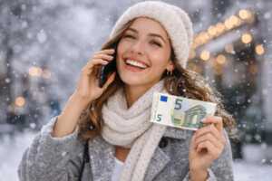 Femme avec bonnet sous la neige, smartphone et billet de 5€ dans la main, sourit devant les 3 forfaits mobile ultra compétitifs sélectionnés par Ariase