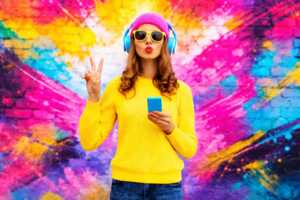 Femme avec smartphone sur fond coloré fait signe "v" de victoire, ravie du forfait Oxygène de Prixtel, la 5G la moins chère à moins de 7€