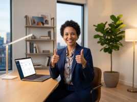 Une femme en costume fait un signe de pouce levé devant un ordinateur portable sur un bureau.