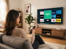 Une femme assise sur un canapé tient une télécommande face à un téléviseur affichant l'interface RED TV.