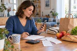 Femme assise à une table avec un smartphone, un carnet, une calculatrice et des courses.