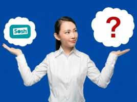 Femme tient deux nuages dans ses mains avec logo Sosh à gauche et point d'interrogation à droite : le forfait 5G de 150Go à 13.99€ de Sosh tient-il le coup face à la concurrence ?