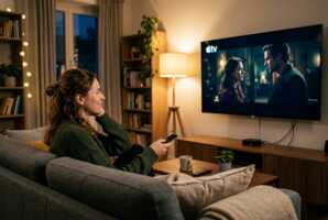 Une femme regarde une série sur un téléviseur affichant le logo Apple TV.