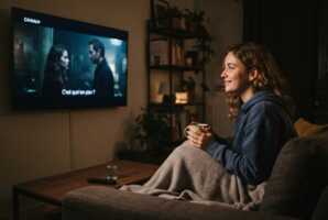 Une jeune femme regarde un film sur une tablette avec l'interface Canal+ affichée à l'écran.