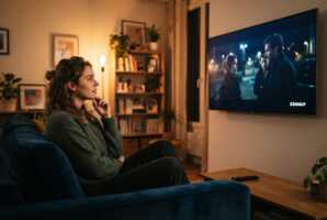 Une femme regarde un film sur un écran de télévision avec une interface Canal+.