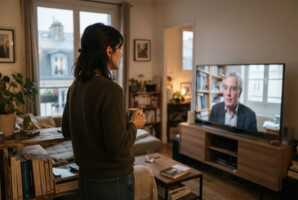 Une femme regarde un documentaire scientifique sur un téléviseur dans un salon.
