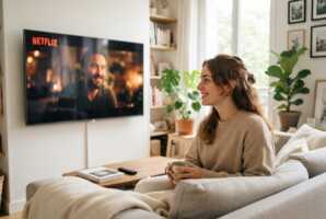 Une jeune femme regarde une série Netflix sur un écran dans une pièce lumineuse.