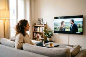 Une femme assise dans un salon regarde un programme sur un téléviseur.