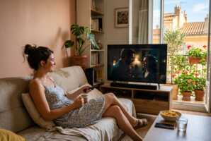 Une femme assise sur un canapé regarde la télévision dans un salon en été.