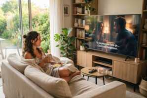 Une femme regarde une série télévisée sur un écran dans un salon en été.