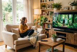 Une femme assise sur un canapé regarde la télévision dans un salon éclairé par la lumière du jour.