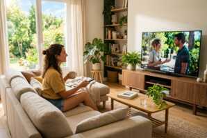 Une femme assise sur un canapé regarde la télévision dans un salon éclairé par la lumière du jour.