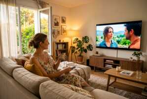 Une femme assise sur un canapé regarde la télévision dans un salon moderne en été.