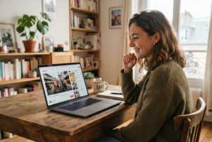 Une jeune femme regarde une vidéo sur un écran d'ordinateur.