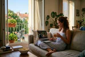 Une femme regarde un film sur un ordinateur portable en intérieur pendant l'été.