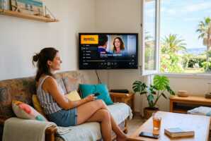 Une femme regarde la télévision via l'application Molotov dans une location de vacances en été.