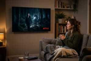 Une femme regarde une série thriller se déroulant en forêt sur l'interface Netflix.