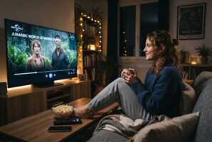 Une jeune femme regarde un film sur la plateforme Universal+ à la télévision.