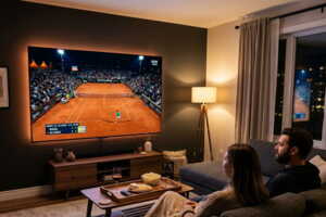 Salon en soirée avec un grand téléviseur diffusant une vue plongeante sur un court de tennis en terre battue sous projecteurs ambrés, canapé
