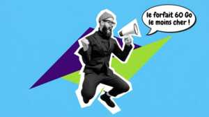 Homme avec mégaphone saute de joie car vente privée Ariase/NRJ Mobile pour 60 Go de 4G à moins de 6€