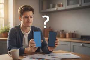 Homme avec deux smartphones hésite entre les forfaits à data illimitée de Free et NRJ Mobile