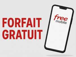 Smartphone marqué "forfait gratuit" et logo de Free Mobile, car mini forfait offert aux abonnés Freebox