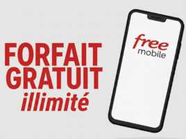 "Forfait gratuit illimité", à droite d'un smartphone inscrit Free Mobile, car mini forfait offert aux abonnés Freebox