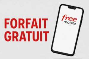 Smartphone avec logo de Free Mobile et inscription "Forfait gratuit" à côté