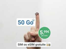 Doigt de la main levé et bonhomme qui sourit, car 50Go à 5.99€ et SIM ou eSIM gratuite grâce à Lebara