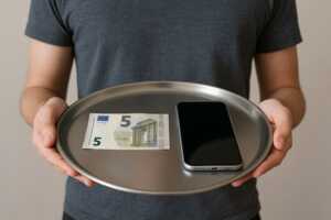 Homme montre plateau avec smartphone et billet de 5€, le prix du forfait 30Go d'Auchan Telecom