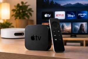 Un décodeur Apple TV devant une Freebox Pop