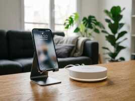 Smartphone sur support et Freebox Pop Server ronde et blanche posés sur une table en bois.
