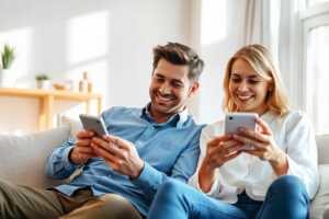 Couple heureux dans canapé, avec smartphone, ravi d'avoir 2ème forfait B&YOU à moitié prix