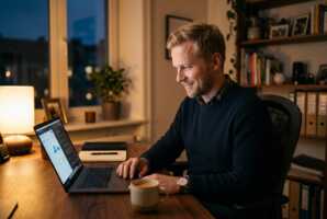 Homme blond souriant devant un ordinateur portable dans un bureau à la lumière tamisée.