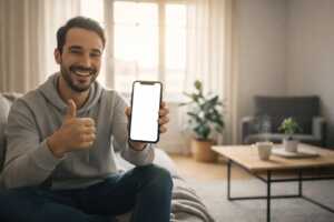 Homme montre son smartphone, pouce levé, content de son forfait 5G ajustable de 120 à 160 Go dès 6.99€ chez Prixtel