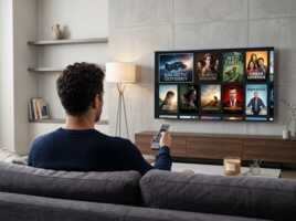 Une personne assise sur un canapé utilise une télécommande face à un téléviseur affichant une interface de streaming.