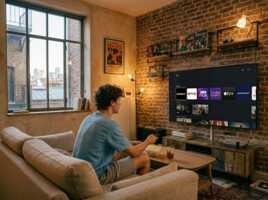Homme assis sur un canapé devant une télévision affichant les logos de services de streaming.