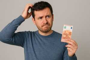 Homme avec billet de 10€ dans le main se gratte la tête, car il hésite entre 4 forfaits mobile pour ce prix