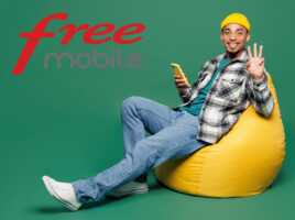 Homme sur pouf jaune avec smartphone et logo de Free Mobile et 3 doigts levés car 3 services exclusifs avec les forfaits de Free