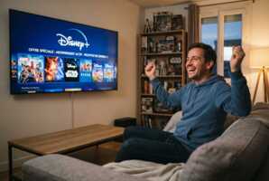 Un homme sourit devant sa télévision affichant le logo Disney+.